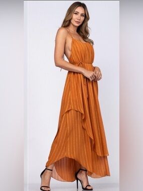 New STUNNING Women’s Caramel Layered Open Back Sexy Elegant Maxi Dress